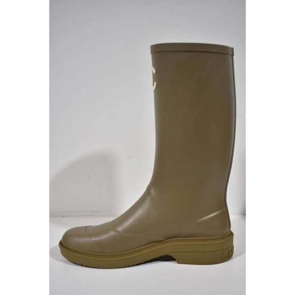 Chanel 22K Dark Beige Caoutchouc White CC Logo High Pull On Rubber Rain Boots 40 - Picture 8 of 12
